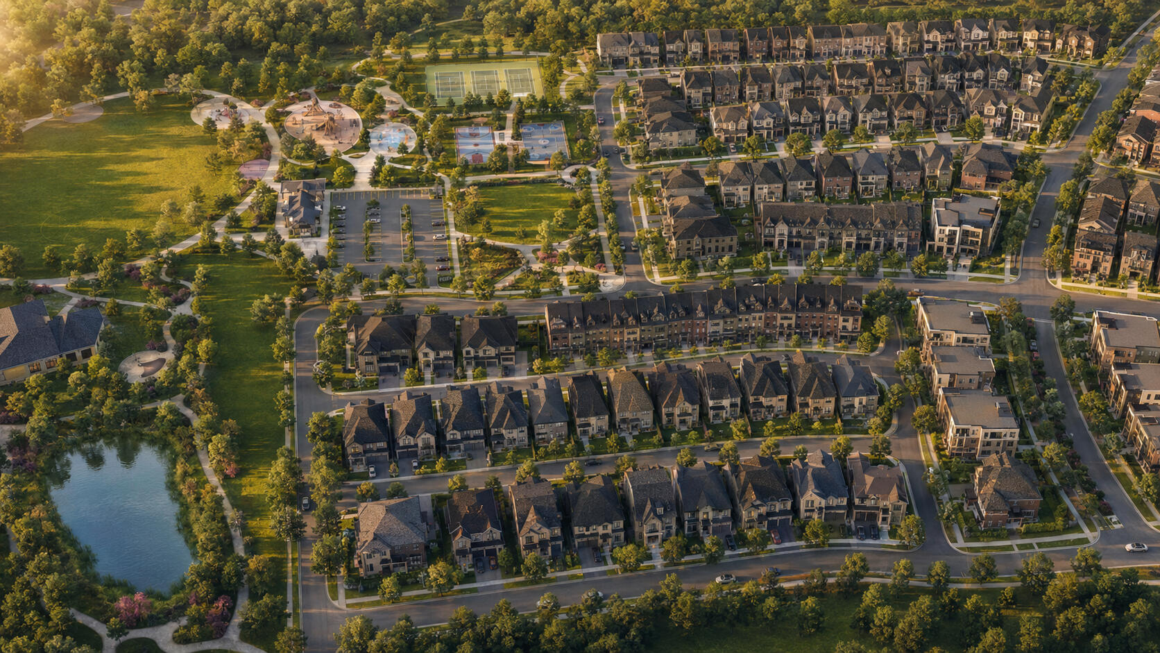 Aerial rendering of Thornhill Trails in Vaughan by Remington surrounded by mature trees, pond views and green space