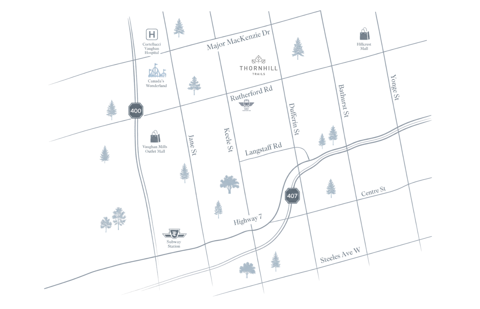 Map showing the location of Thornhill Trails by Remington Homes near Dufferin Street and Rutherford Road in Vaughan, Ontario.